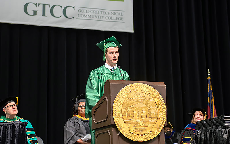 Bryce Scott speaks at the 2022 GTCC commencement ceremony. 