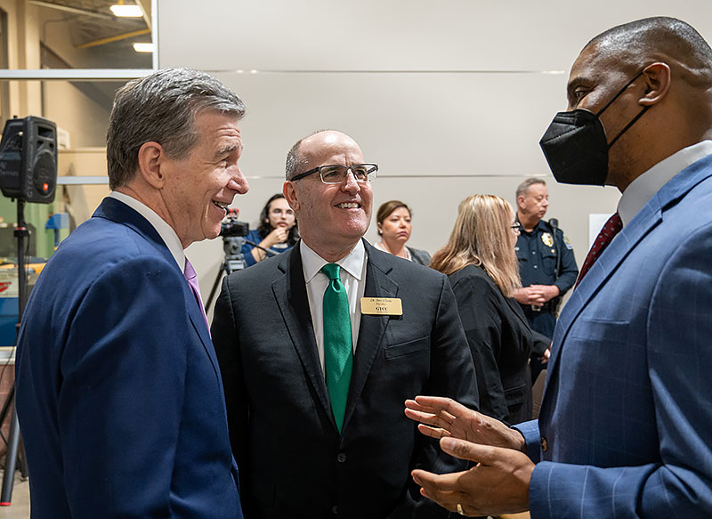 Governor Roy Cooper, Anthony Clarke Ph.D., GTCC president, Sean Suggs, Toyota Battery Manufacturing, North Carolina president.