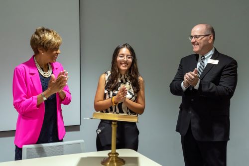 GTCC board of trustees Chairwoman Treana A. Bowling, Ed.D. swearing in GTCC Student Government Association (SGA) President and new board of trustees member Catalina Aldana-Archila, and GTCC President Anthony Clarke. Ph.D.