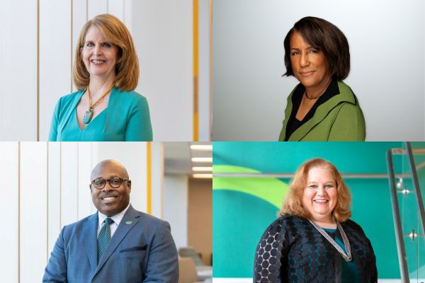 (Top row, left to right) Beth Pitonzo, Ph.D., senior vice president for college and workforce instruction and Cheryl Bryant-Shanks, Ph.D., vice president of human resources (Bottom row, left to right) Manuel Dudley, Ph.D., chief officer for strategic and industry partnerships and Kristen Corbell, Ph.D., associate vice president for institutional research and adult education.