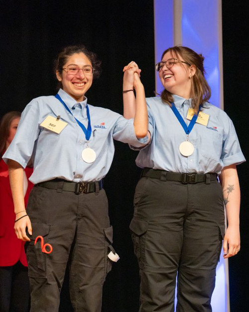 GTCC students Tonalmitzin Guzman-Perez and Mollie Lamberson celebrating their EMT SkillsUSA North Carolina first place finish. 